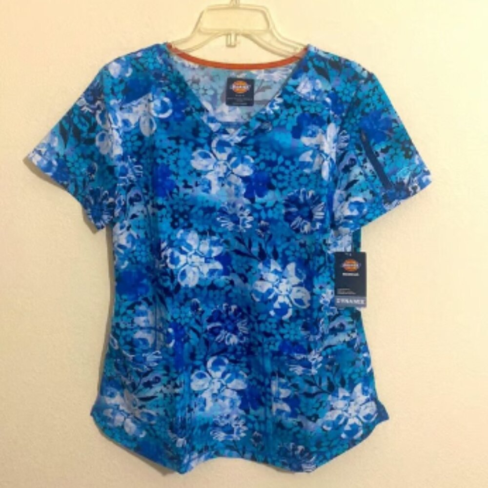 DICKIES V-Neck Floral-Print Scrub Top Women's Size M